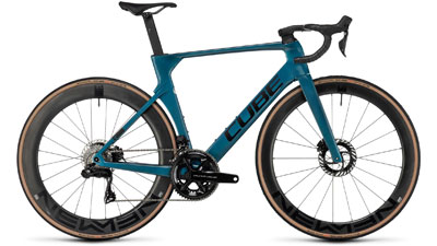Vélo de course Cube Litening AERO C:68X SLT en bleu foncé.