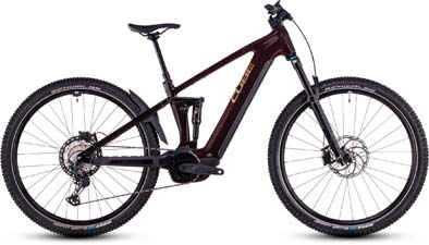 On voit un vélo électrique Cube Stereo Hybrid ONE22 SLX rouge foncé.