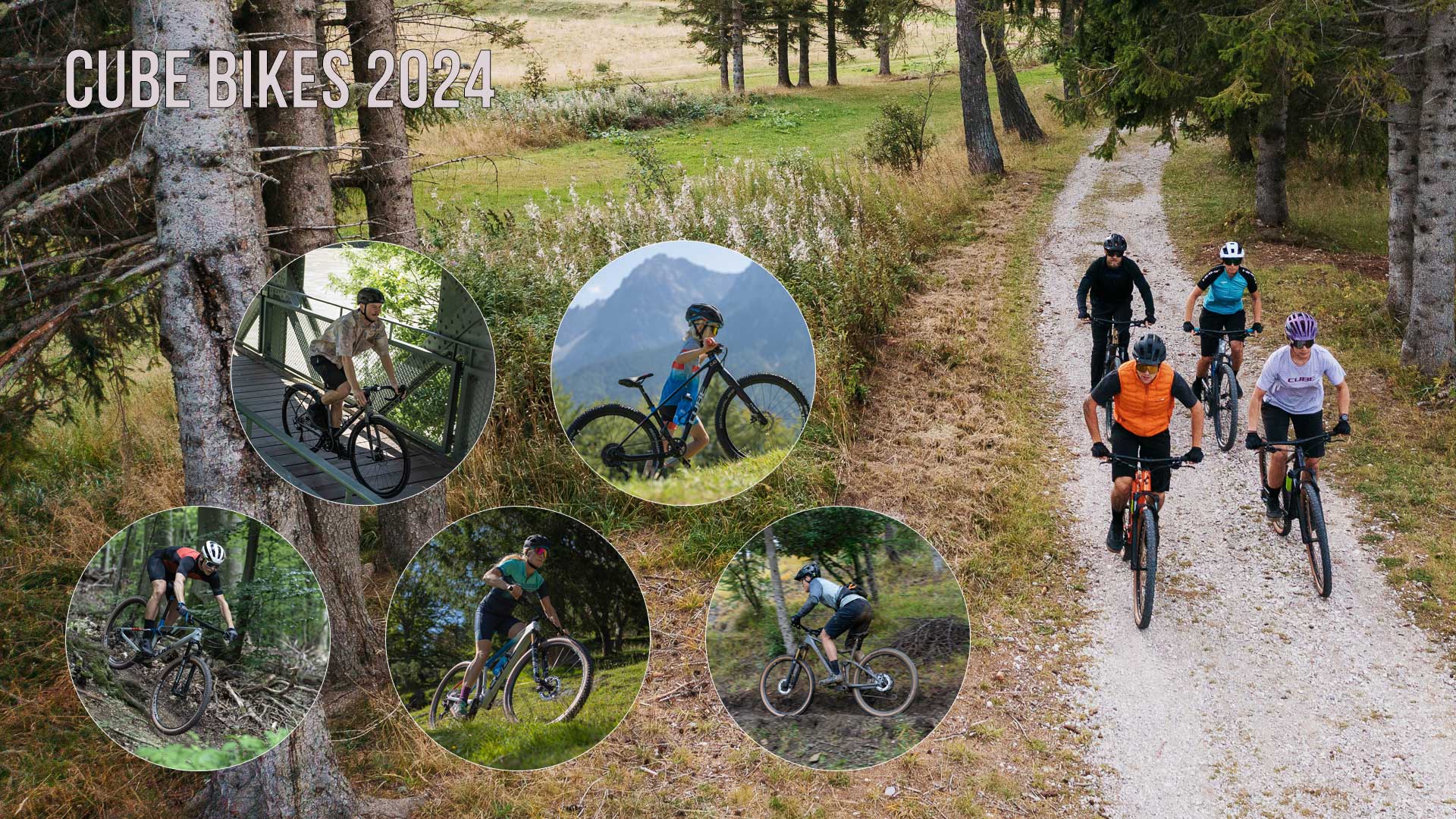 Bannière intitulée Cube Bikes 2024 avec des photos de cyclistes sur différents vélos Cube, notamment un vélo gravel, un vélo pour enfants, un VTT et un vélo tout suspendu.