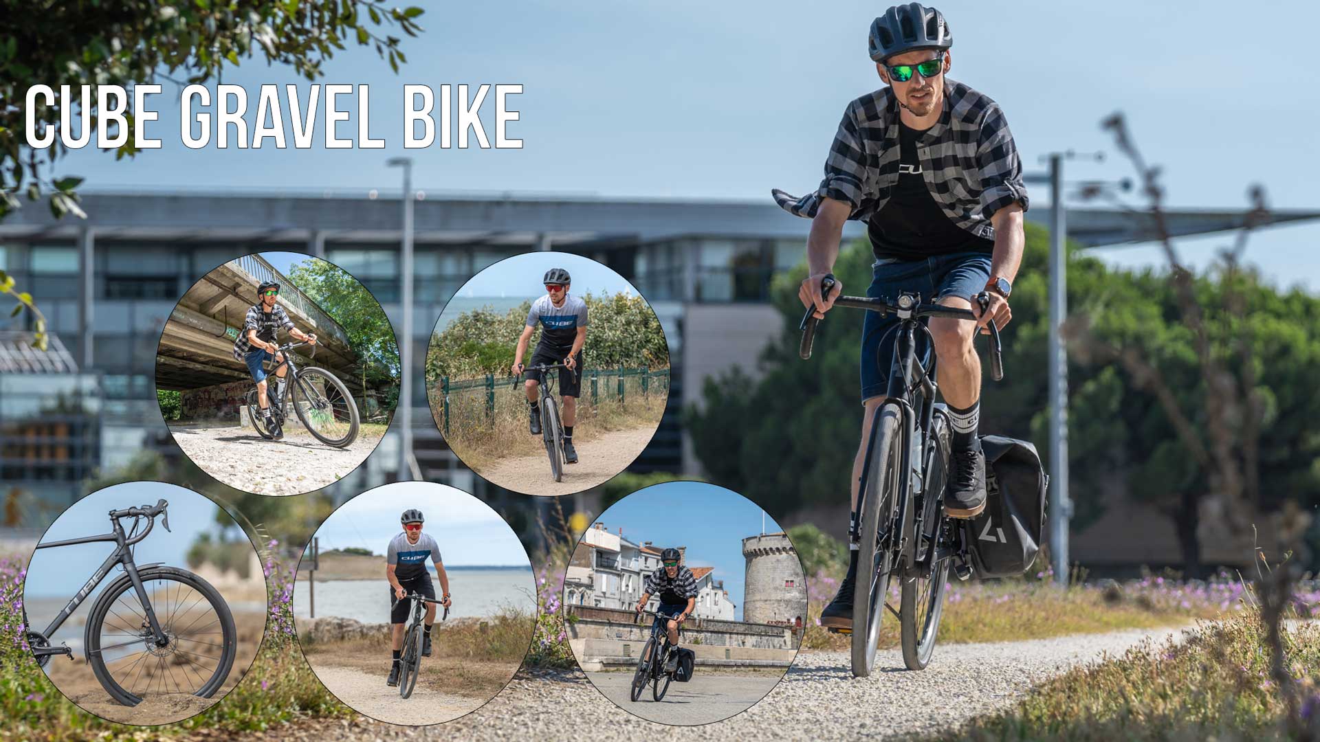 On voit un collage d'images avec l'inscription Cube Gravel Bike. Il comporte plusieurs photos de cyclistes sur un vélo de gravel.