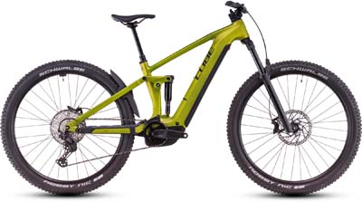 On peut voir un vélo électrique jaune Cube Stereo Hybrid ONE44 Pro.