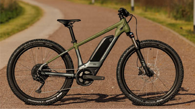 On voit un vélo électrique gris pour enfants Cube, avec des détails verts. Il est garé sur une piste cyclable goudronnée.