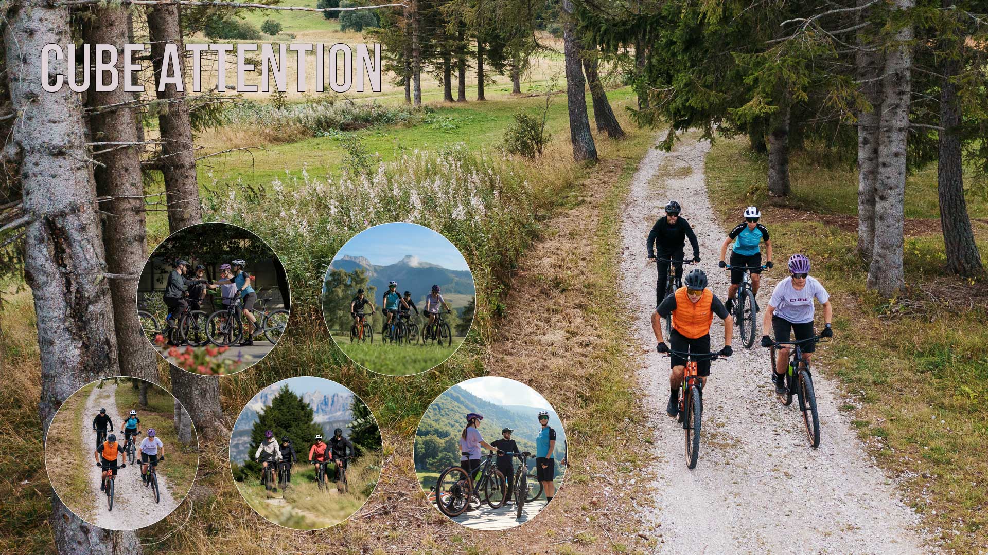 Cyclistes avec des VTT Cube Attention Hardtail. Cinq images circulaires montrent des cyclistes avec des VTT Cube Attention Hardtail dans différentes situations.