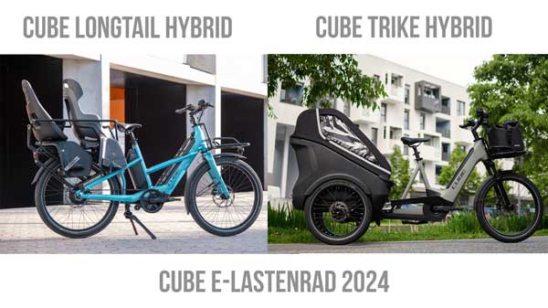 Bannière avec l'inscription Cube E-Lastenrad 2024. En dessous, un Cube Longtail Hybrid et un Cube Trike Hybrid, chacun avec une inscription sur l'image.
