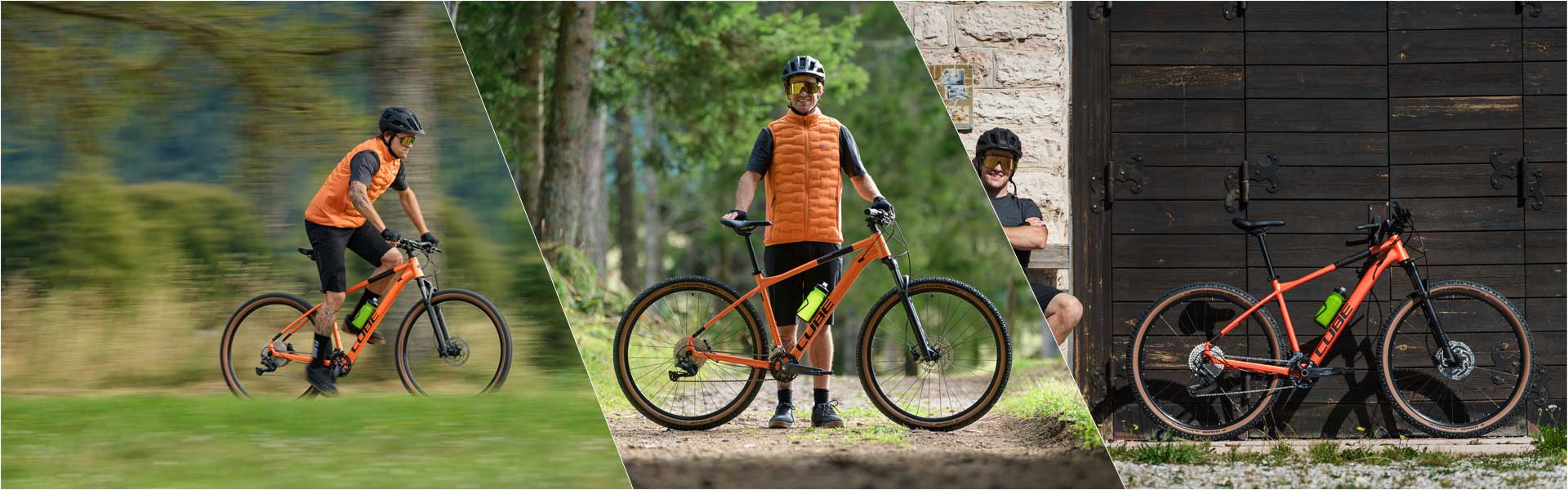 Bannière avec trois images séparées par des lignes blanches. À gauche, un cycliste roule debout sur un vélo tout terrain Cube Attention Hardtail. Au centre, il se tient derrière le vélo et le tient fermement. À droite, il est assis sur un banc, le Cube Attention appuyé contre le mur.