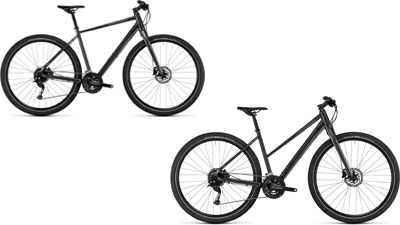 Deux vélos Cube Hyde, l'un avec un cadre diamant et l'autre avec un cadre trapèze.
