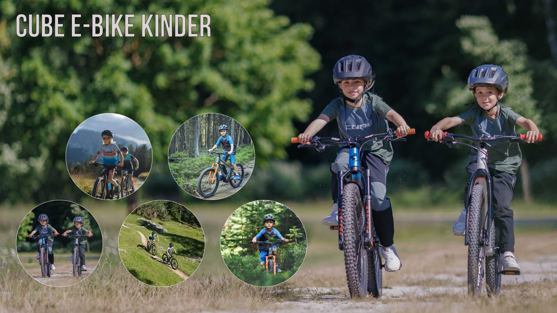 On voit un collage intitulé Cube E-Bike Kinder (vélo électrique pour enfants). Il comporte plusieurs photos d'enfants à vélo dans différents paysages.