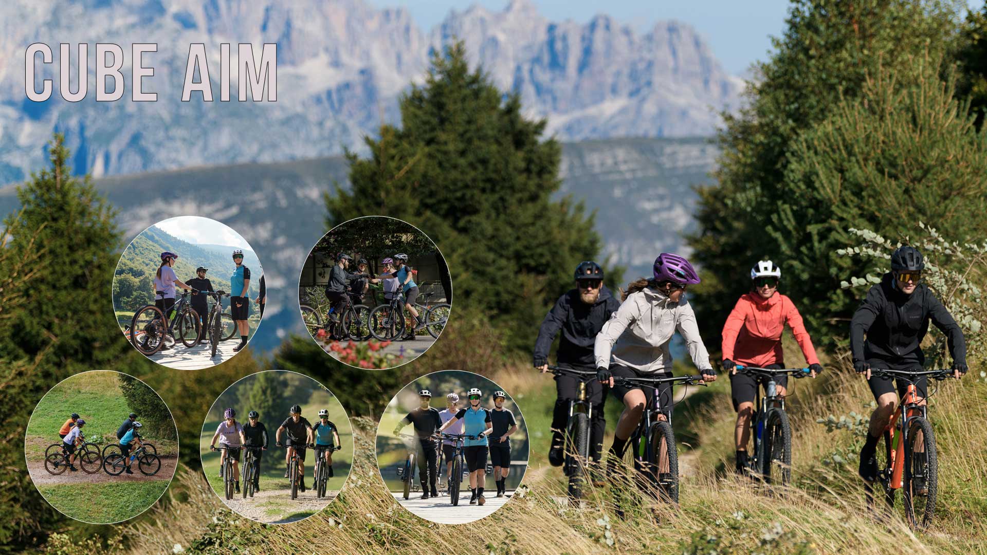 Bannière avec l'inscription Cube Aim. À l'arrière-plan, deux femmes et deux hommes roulent sur des VTT Cube Aim. Cinq petites images circulaires montrent chacune quatre cyclistes sur des vélos Cube Aim.