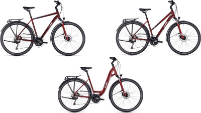 Trois vélos Cube Touring EXC côte à côte : un avec un cadre diamant, un avec un cadre trapèze et un avec un cadre bas.