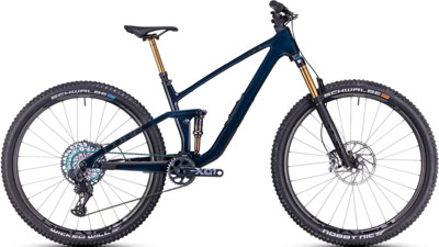 Vélo tout terrain Cube Stereo ONE44 C:68X SLT en bleu foncé.