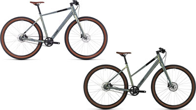 Deux vélos Cube Hyde Pro, l'un avec un cadre diamant et l'autre avec un cadre trapèze.