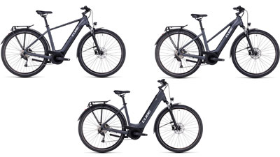 On peut voir trois vélos électriques Cube Touring Hybrid ONE gris, chacun avec un cadre diamant, un cadre trapèze et un cadre à enjambement bas.