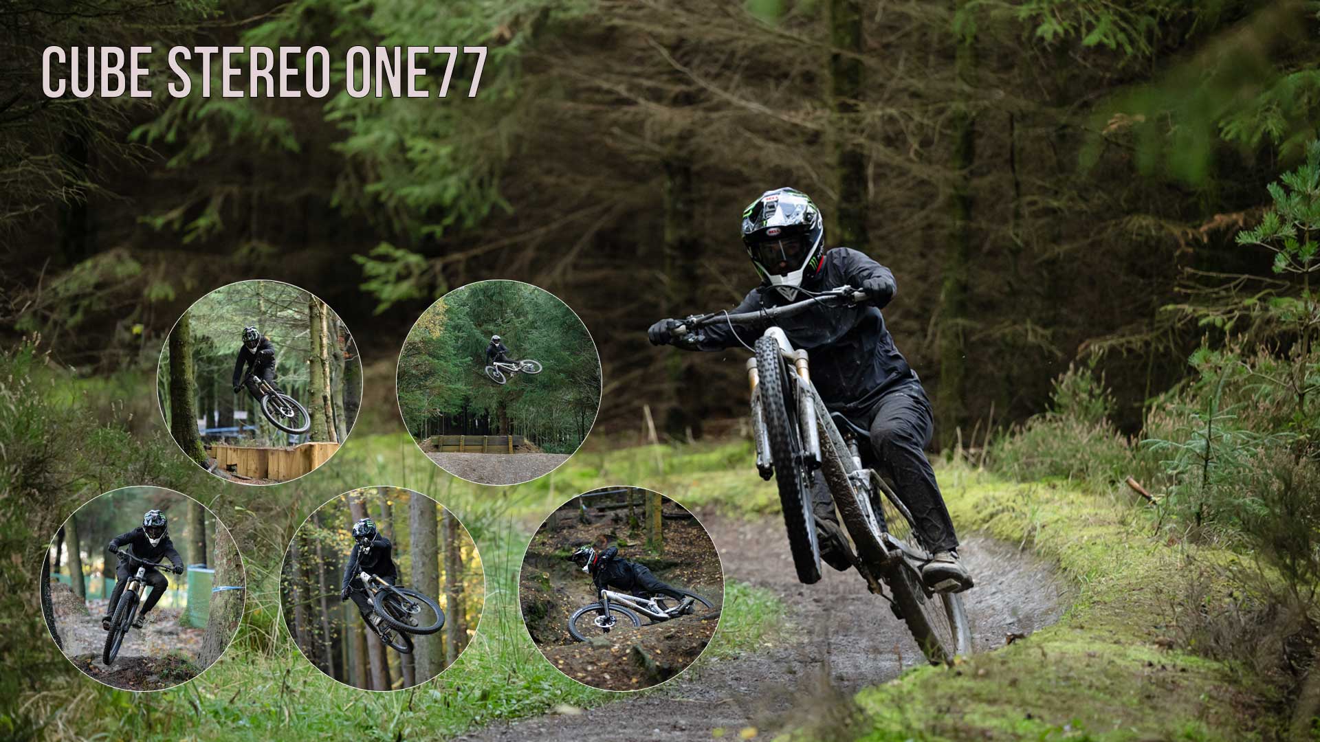 Bannière intitulée Cube Stereo ONE77. Un cycliste portant un casque intégral roule sur la roue arrière d'un VTT Cube Stereo ONE77 Fully, la roue avant étant en l'air. Cinq images circulaires le montrent dans la forêt, dont trois où il saute en l'air.