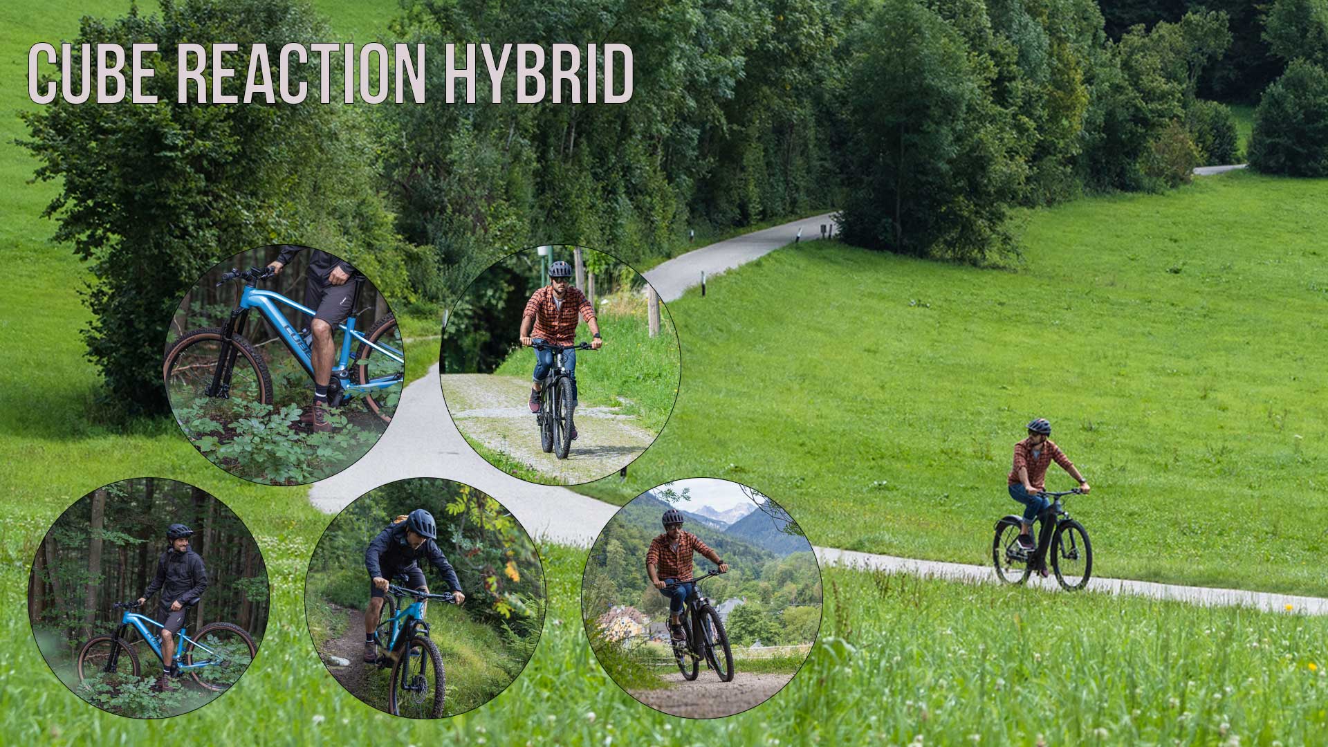 On voit un collage intitulé Cube Reaction Hybrid . Il représente plusieurs cyclistes roulant dans une région rurale.