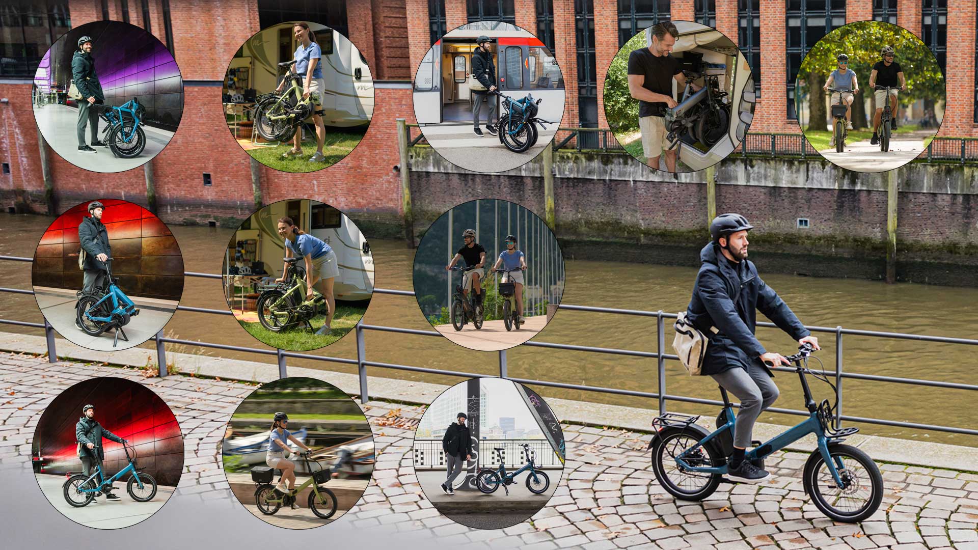 On peut voir un collage de photos représentant des personnes se déplaçant à vélo pliant dans différentes situations.