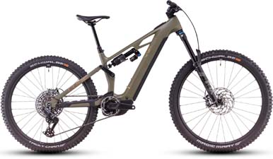 On voit un vélo électrique brun Cube Stereo Hybrid ONE77 HPC TM.
