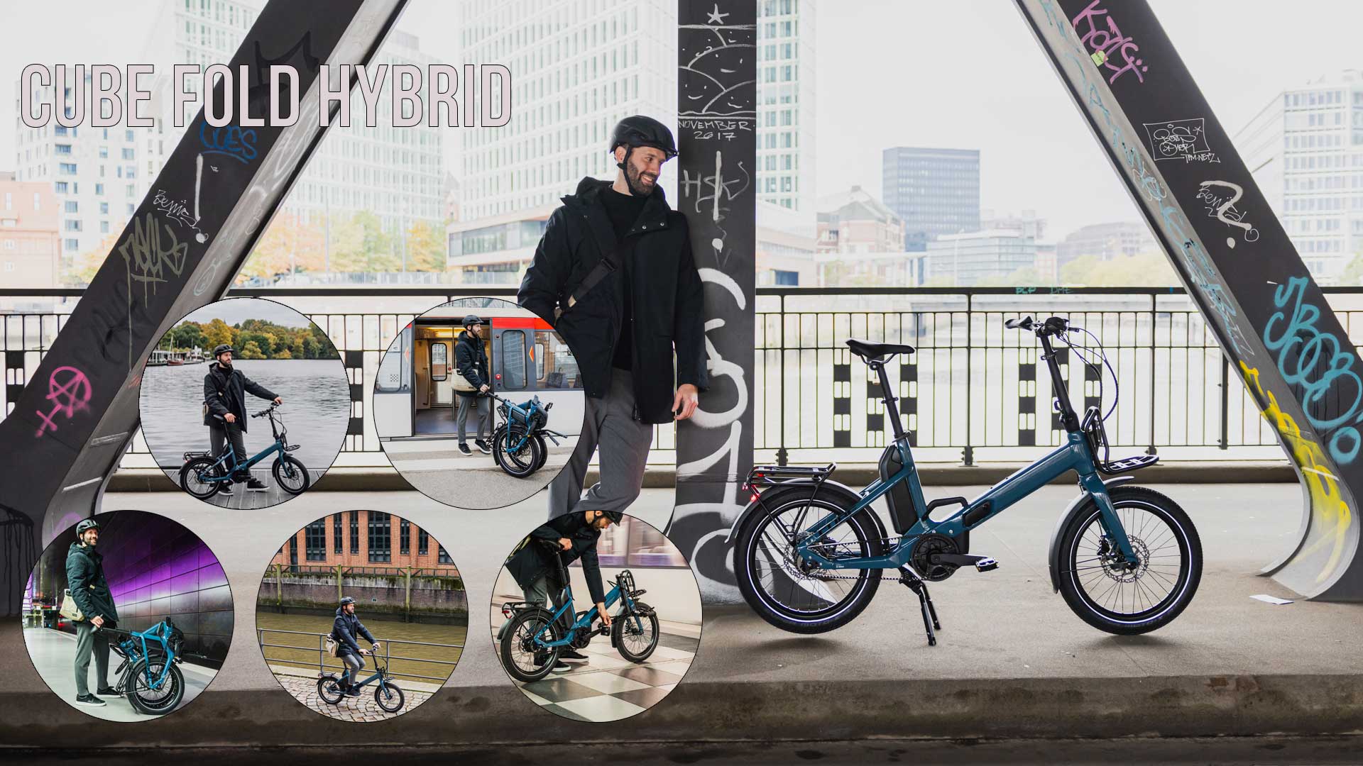 On voit un collage intitulé Cube Fold Hybrid représentant plusieurs cyclistes avec le Cube Fold Hybrid dans des scènes urbaines.