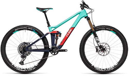 Vélo tout terrain de Cube pour femmes, couleur turquoise-vert et rouge.