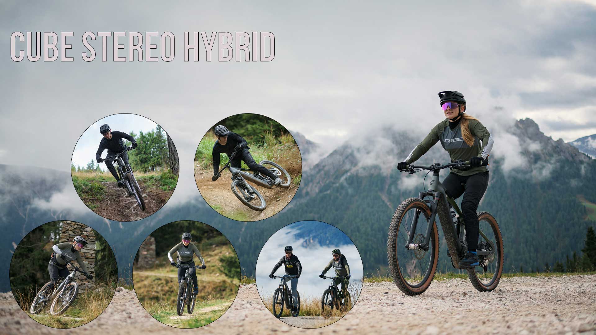 On voit un collage intitulé Cube Stereo Hybrid. Il représente plusieurs cyclistes évoluant dans un paysage montagneux et boisé.