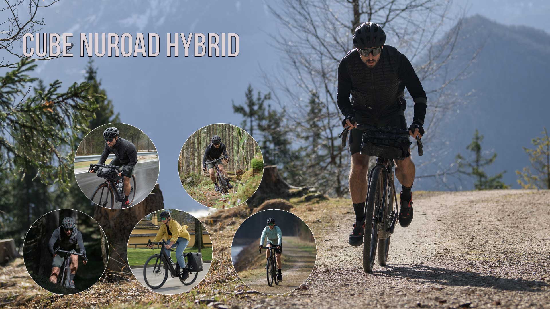 On voit un collage intitulé Cube Nuroad Hybrid, sur lequel plusieurs cyclistes roulent avec le Cube Nuroad dans différents environnements.
