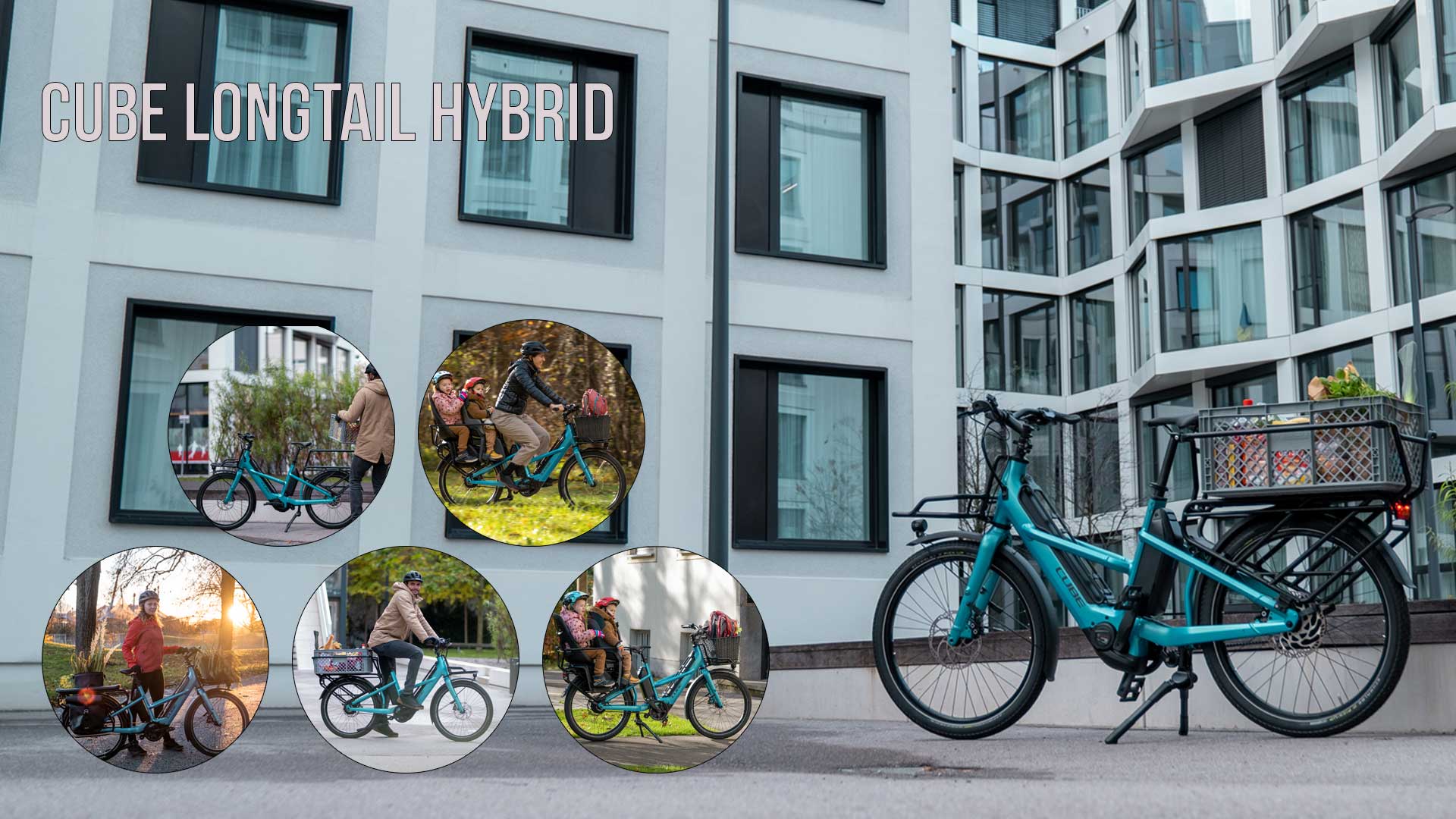On peut voir un collage intitulé Cube Longtail Hybride, sur lequel figurent plusieurs photos de cyclistes avec le Cube Longtail en milieu urbain.