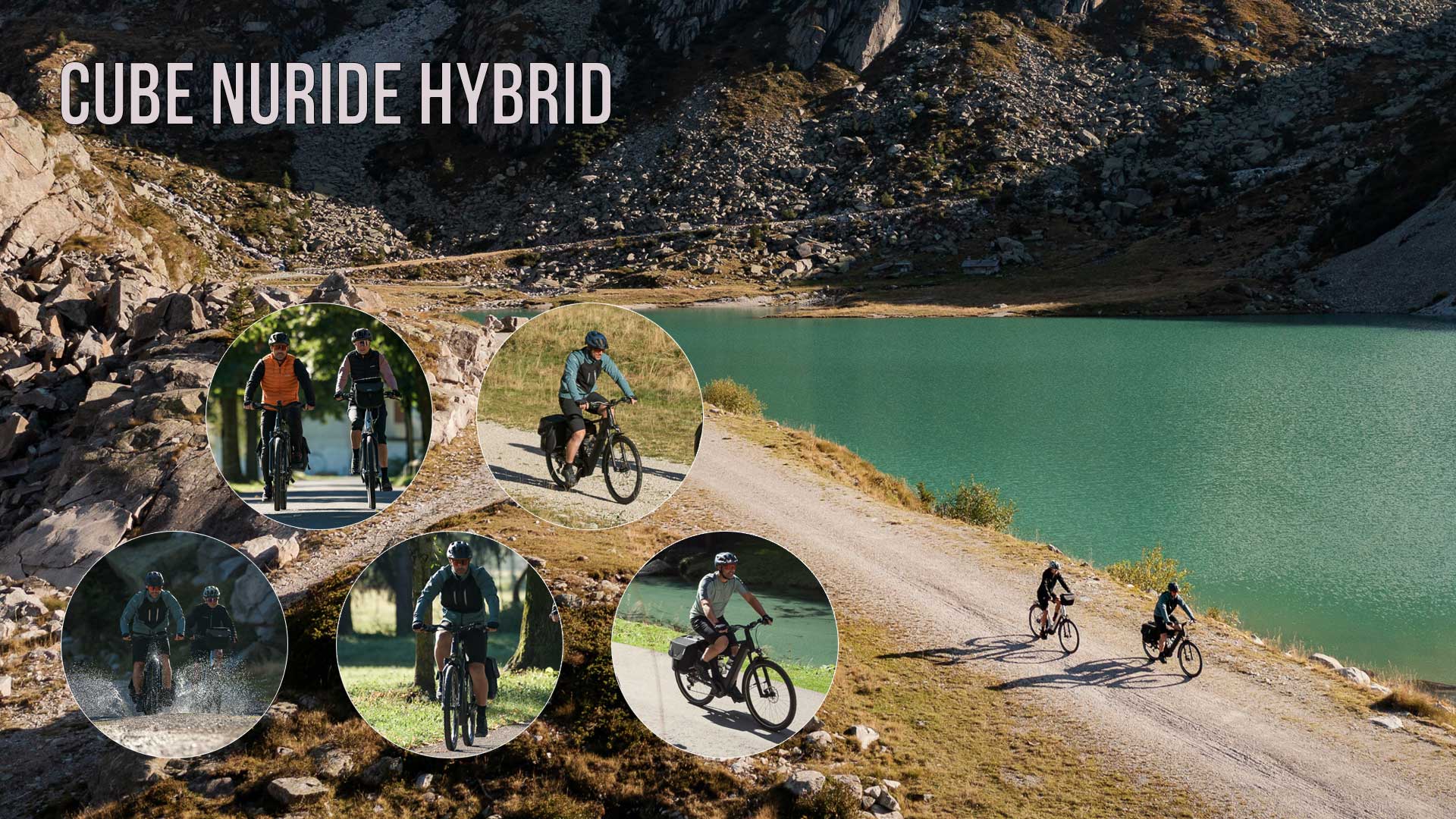 On voit un collage intitulé Cube Nuride Hybrid, sur lequel figurent plusieurs photos de cyclistes avec le Cube Nuride Hybrid dans différents environnements.