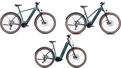 On peut voir trois vélos électriques verts Cube Nuride Hybrid, chacun avec un cadre diamant, un cadre trapèze et un cadre à cadre bas.  