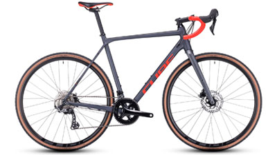 Vélo de course Cube Cross Race Pro gris avec inscription orange.