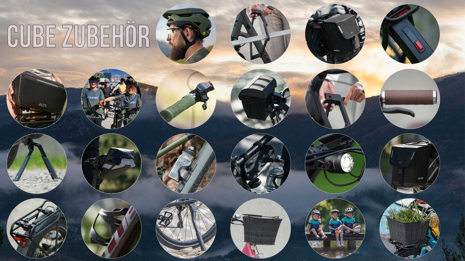 On peut voir un collage d'images intitulé Accessoires de Cube. Il présente tous les accessoires proposés par le fabricant Cube.