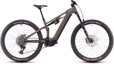On voit un vélo électrique Cube Stereo Hybrid ONE44 HPC SLX de couleur marron.